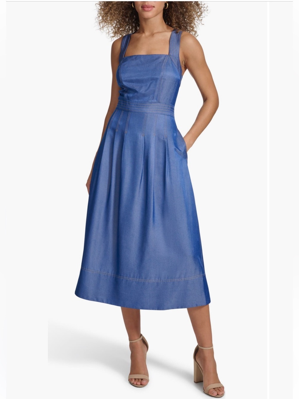 Kensie Square Neck Chambray Contrast Stitch Midi Dress Size 6